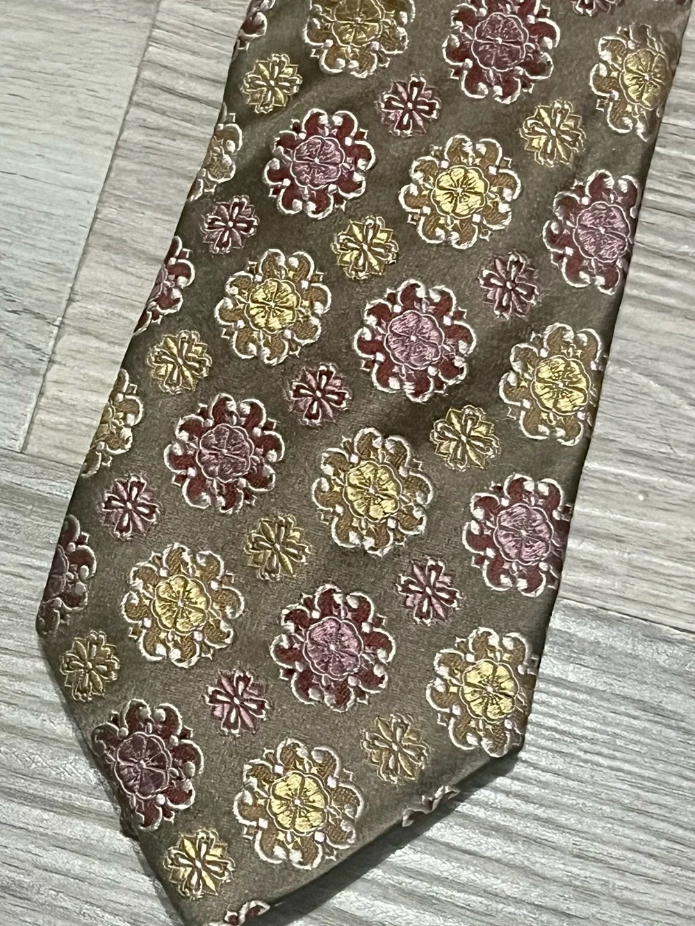 Canali Brown Silk Tie with Gold and Burgundy Floral Medallions Made in Italy